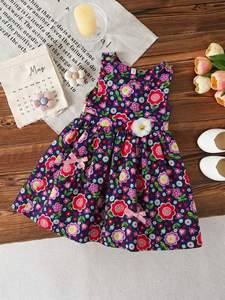 Vestido Casual de Verano para Niñas, Estampado Floral, Sin Mangas, Corte en A, Algodón, Mini, Cuello Redondo, Cintura con Hebilla - Product Image 2