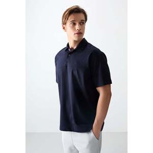 T-shirt basique pour homme en coton bleu marine, col polo, coupe ample, épais et doux, texturé - 88382 - Bleu marine - Product Image 5