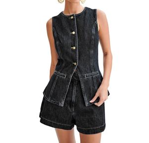 Conjunto de pantalones cortos informales de 2 piezas de mezclilla para mujer hecho a medida más vendido, patrón sólido, uso diario ecológico de Pakistán - Product Image 1