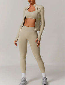 Conjunto de chaqueta y mallas sin costuras de alta elasticidad para mujer, ropa deportiva para gimnasio y Yoga, ropa de entrenamiento de 2 piezas - Product Image 4