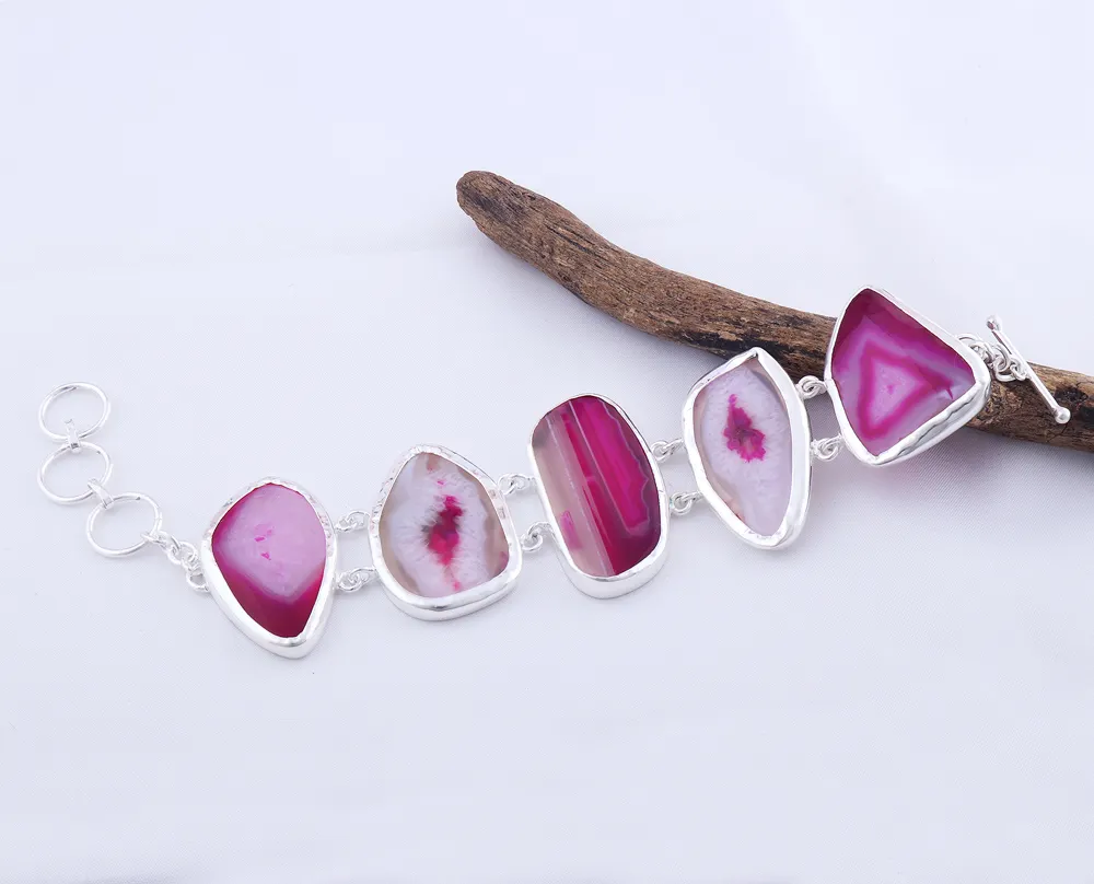 Bohemian jewelry natural big gemstone pink agate statement bracelet brass silver plated link chain toggle clasp wide bracelets