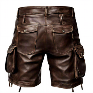 <b>Men's</b> <b>Brown</b> Leather Cargo <b>Shorts</b> Moto Biker Style With Zipper Pockets Mid Waist Bermuda Length - Product Image 2