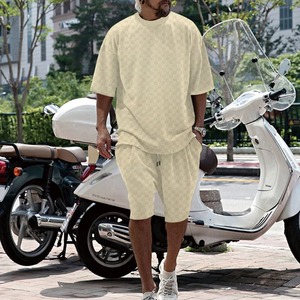 2025 American Heavy Color sólido pequeño escote Camiseta de manga corta para hombre verano 425G pantalones cortos deportes y ocio traje Suelto - Product Image 4