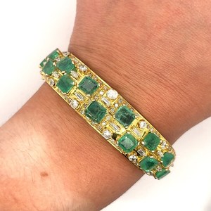 Vintage Art Deco Gold-Plated Bangle <b>Bracelet</b> Square Cut Emerald And <b>Baguette</b> Diamond Natural Emerald And Diamond Bangle - Product Image 4