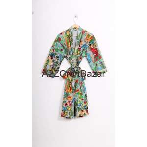 Bata de mujer hecha a mano de algodón 100% no tejido con estampado floral, cuello en V, cordón ajustable, manga tres cuartos, suave, transpirable y de secado rápido para primavera. - Product Image 5