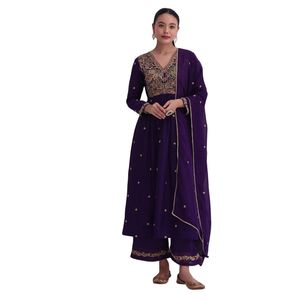 Costume Palazzo en soie violette avec Kurta brodé Zari et Dupatta Vente en gros de vêtements ethniques pour femmes Fournisseur en vrac d'usine OEM - Product Image 2