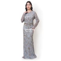 Prêt à Expédier Élégante Robe de Soirée en Argent Perlée à la Main avec Manches Longues Robe Maxi de Soirée de Luxe pour les Femmes