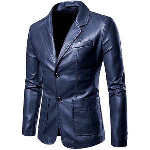 Blazer en cuir pour hommes Veste en cuir véritable à la mode pour l'hiver Manteau de tailleur en toile Blazers noirs d'affaires décontractés - Product Image 5