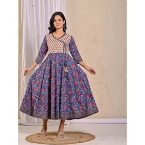 Blue Jaal Jaipuri <b>Chikankari</b> Embroidered Long Angrakha Dress Soft Cotton Indian Ethnic Party Wear with Net Fabric - Product Image 6