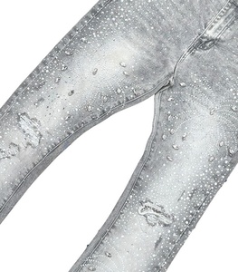 Mens Rhinestone Distressed Denim Jeans Skinny Denim Stacked Pants for Streetwear <strong>Wholesale</strong> ODM/OEM Supply Factory Monkey Wash - Product Image 3