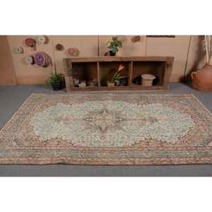 Alfombra de lana turca Vintage de 5x9,4 pies, tejido plano de retazos beige y azul para decoraciones de sala de estar, respaldo de látex - Product Image 4