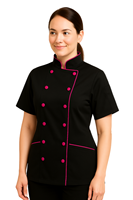 Veste de chef à manches courtes pour femme, coupe ajustée, uniforme culinaire professionnel, OEM, poly coton, uniformes personnalisés, restaurant, bar