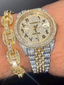 Montre de luxe en acier inoxydable avec cadran rond, mouvement à quartz, entièrement sertie de diamants Moissanite blancs et roses, verre japonais, bracelet - Product Image 3