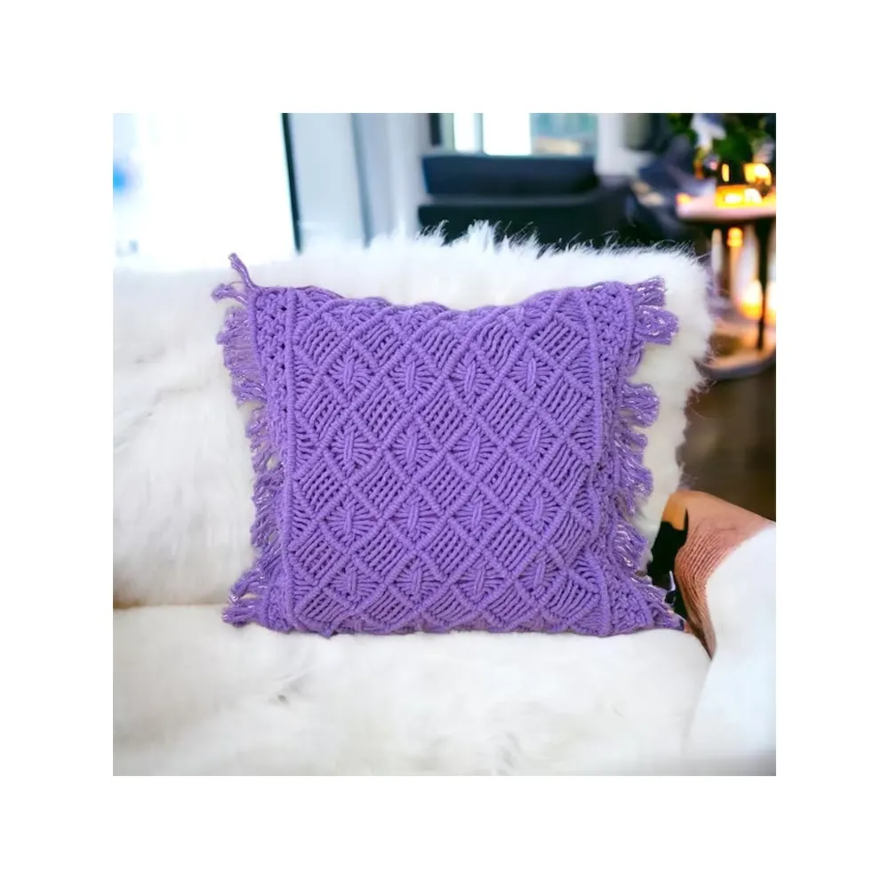Housse de coussin en macramé noué à la main floral violet de qualité supérieure de fabricant indien