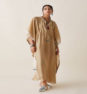Ropa de mujer Ropa de playa Traje de baño Cubrir Casual Túnica con cuello en V Verano Maxi Vestido 2024 Azul sólido Tallas grandes Kaftan largo a granel OEM - Product Image 1