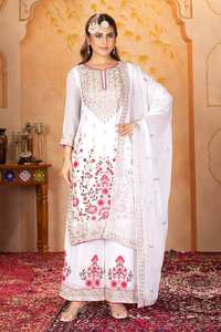 เสื้อพาลาซโซสีขาวผ้าจอร์เจียเทียมพร้อมงานปักสำหรับเทศกาลและงานปาร์ตี้ - Product Image 2