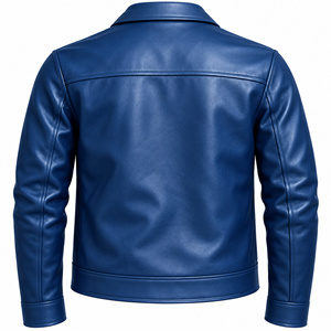 Veste en cuir bleu océan pour homme, fermeture éclair, col rabattable, style motard - Product Image 2