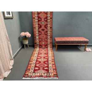 2.6x11.4 ft Rug, <b>Runner</b> Turkish Rug, <b>Red</b> Herki Abstract Rug - Product Image 1