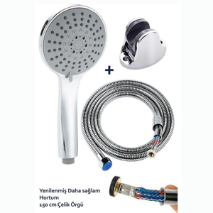 Ensemble de pommeau de douche chromé 5 fonctions avec tuyau tressé de 150 cm et support - Product Image 1