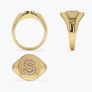 14K Solid Gold Natural Diamond 0.10 CT S Letter <b>Signet</b> <b>Ring</b> Luxury Fine Jewelry Wedding Engagement <b>Ring</b> Men <b>Women</b> Valentine Gift - Product Image 3