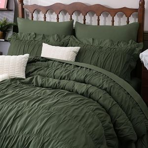 <strong>Olive</strong> <strong>Green</strong> Ruched Comforter Set King Size Boho Ruffle <strong>Bedding</strong> 7 Pcs Fluffy Luxury Ruffle Comforter <strong>Bedding</strong> Set - Product Image 5