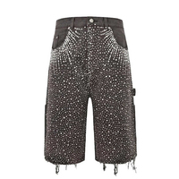 Pantalones cortos de mezclilla de punto para hombre, de cintura alta, casuales, desgastados, vintage, con diseño de diamante, corte recto, lavado claro, bajo sin rematar, de algodón ecológico