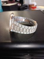Montre pour homme en acier inoxydable avec cadran en verre bleu, sertie de pierres de moissanite, style hip-hop de luxe, mouvement à quartz, style diamant