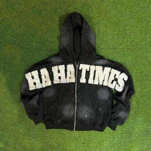 Sweat-shirts surdimensionnés 100% coton avec broderie de lettres graphiques personnalisées, effet délavé à l'acide, fermeture éclair, strass et appliques - Product Image 2