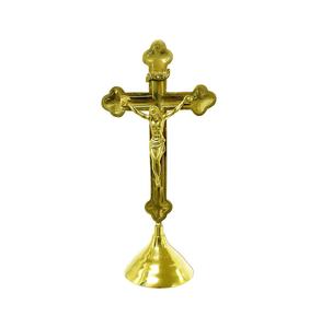 Fabricante de estatua de Cruz de Jesús cristiano de latón con base redonda para decoración del hogar acabado dorado - Product Image 5