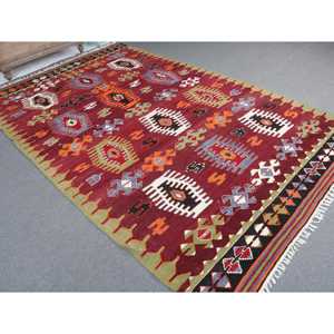 Turkish Large Rug, 6.3x10 ft Vintage Rug, <b>Red</b> Kilim <b>Wool</b> Rug - Product Image 1