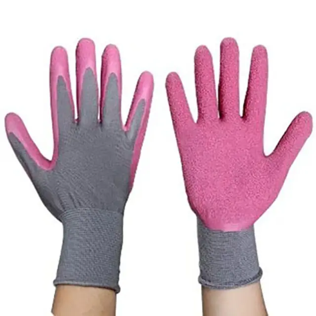 Vrouwen Lady Nylon Knit Tuin Roze Handschoenen Met Gerimpelde Latex Coated 2023