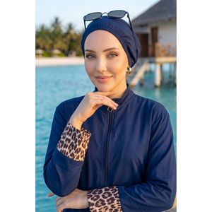 Traje de Baño Burkini de Tres Piezas con Estampado de Leopardo Azul Marino, Talla XL, Pantalones de Cintura Alta, Decoración Fruncida, Tejido Transpirable, Compatible con Hiyab - Product Image 2