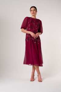 ชุดเดรสสีแดงเข้มชุดราตรียาวครึ่งแขนขนาดใหญ่พิเศษชุดเดรสออกงานปักลายคอกลมสำหรับงาน - Product Image 2