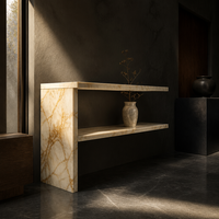 Table console en marbre Calacatta Gold avec double étagère, table d'appoint en pierre, meuble contemporain pour entrée et salon