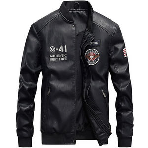 Veste en cuir PU polyvalente pour hommes avec col de baseball et lettres brodées Style délavé Doudoune - Product Image 2