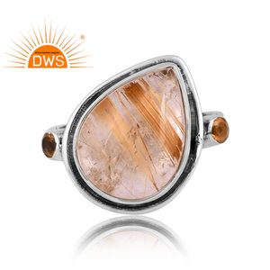 Anillo de declaración de piedras preciosas de rutilo y citrino dorado Natural de plata de ley oxidada de la mejor calidad, fabricante de joyería personalizada - Product Image 3