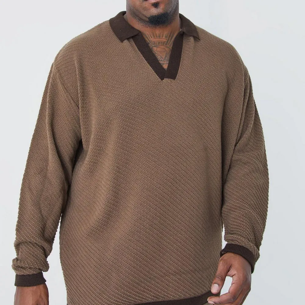 Jersey de punto de cuello abierto de manga larga de color sólido de alta calidad de gran tamaño de talla grande con cuello de polo suéter de punto para hombres