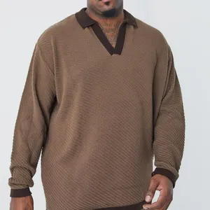 High Quality Soild Color Long Sleeve Open Neck Knitted Oversized Plus Size Polo Collar Knitwear Sweater Pullover For Men