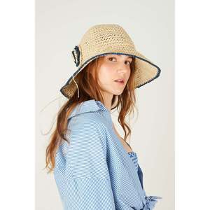 Beige Natural Hand-Knitted Straw <b>Hat</b> with Navy Blue Ribbon, Sun Protection for Beach and Outdoor Use HSR2095 - bej2095 - Product Image 4