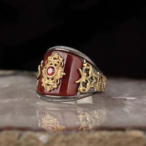 Anillo de hombre estilo otomano de plata de ley 925 recién llegado. Modelo Turco Bicolor en Rodio y Oro RCEGYT-091 - Product Image 1
