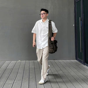 [New Arrival] Unisex Baggy Kaki Pants with Elastic Waistband, Straight Leg, and Straight Leg - Product Image 1