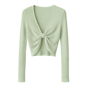 Pull court en tricot côtelé uni pour femme, doux, extensible, manches longues, col en V, 100% coton, respirant, écologique, ensemble de luxe - Product Image 1