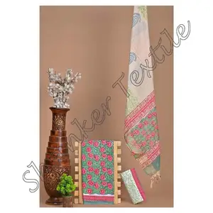 手块印花棉织物，用于萨尔瓦套装，配钱德里真丝杜帕塔印度拉贾斯坦邦手块印花棉织物
