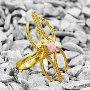 Bague en laiton plaqué or faite à la main, sertie de rhodochrosite naturelle, taille 12x12mm, poids 8,82g, bijoux fins, vente en gros - Product Image 3