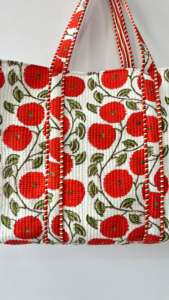 Bolso de mano Reversible de algodón acolchado grande suave naranja Floral estampado a mano bohemio Diseño Artesanal Abierto diario moda playa comestibles - Product Image 6