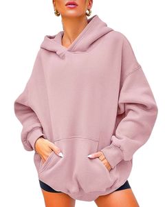 Sweat à capuche rose pâle pour femme, sweat-shirt en polaire surdimensionné et chaud avec capuche, vêtement d'hiver confortable, style décontracté, poche kangourou - Product Image 1