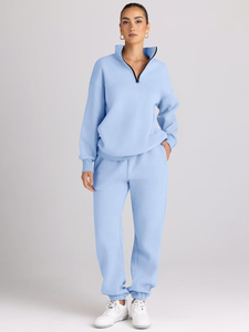 Survêtements pour femmes bleu clair 2 pièces tenues pull à manches longues demi-fermeture éclair et pantalon de survêtement baggy avec poches respirant - Product Image 5