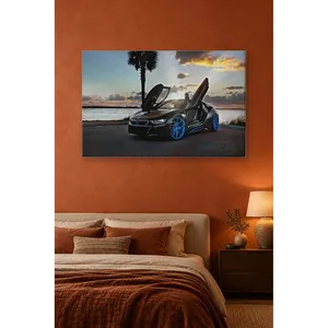 Impression sur toile Fida BMW i8 avec portes papillon ouvertes au coucher du soleil - Product Image 3