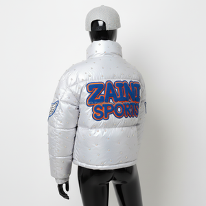 Women Metallic <b>Silver</b> Puffer <b>Jacket</b> Polyester Fabric Chenille Embroidery Custom Logo Design Winter Wear Puffer <b>Jacket</b> for women - Product Image 5