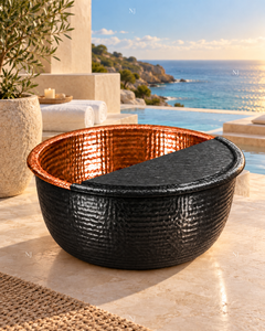 Fauteuil de pédicure rond en cuivre martelé avec couvercle noir, drainage sans tuyau et massage manuel pour salon et spa - Product Image 5